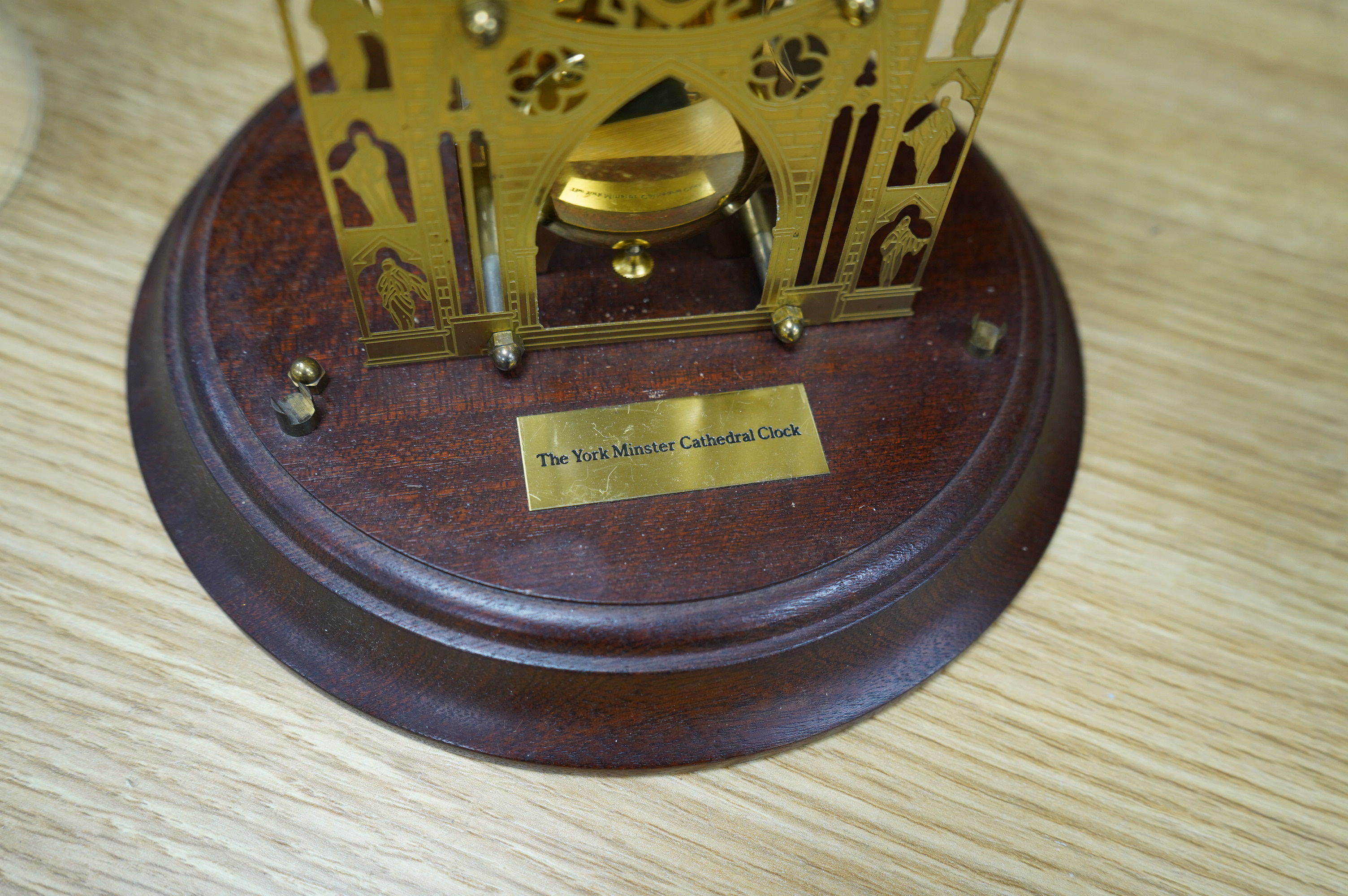 'The York Minster Cathedral Clock' under glass dome, 29cm high. Condition - good, unknown if working